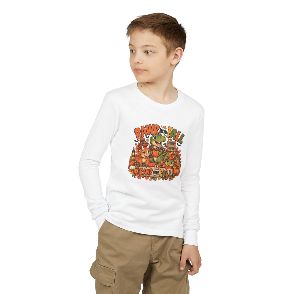 RAWR Into Fall Youth Long Sleeve Tee | Dinosaur Fall Shirt for Kids | Pumpkin Patch Autumn Shirt