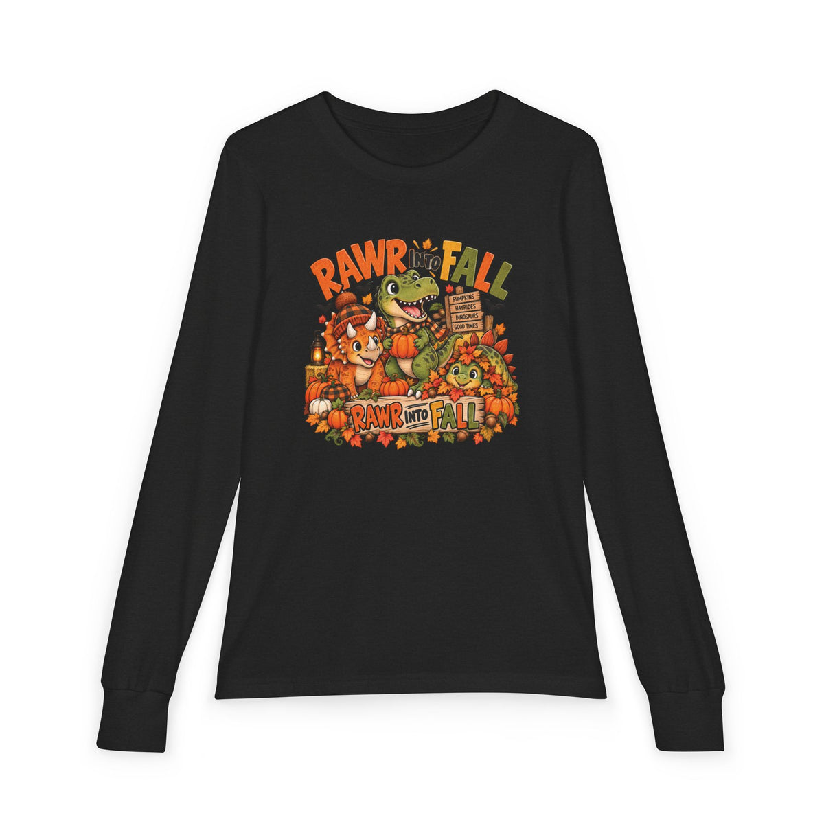 RAWR Into Fall Youth Long Sleeve Tee | Dinosaur Fall Shirt for Kids | Pumpkin Patch Autumn Shirt