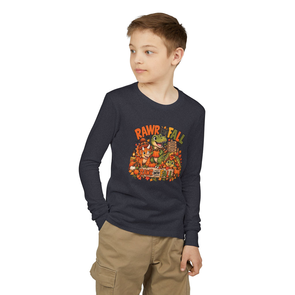 RAWR Into Fall Youth Long Sleeve Tee | Dinosaur Fall Shirt for Kids | Pumpkin Patch Autumn Shirt
