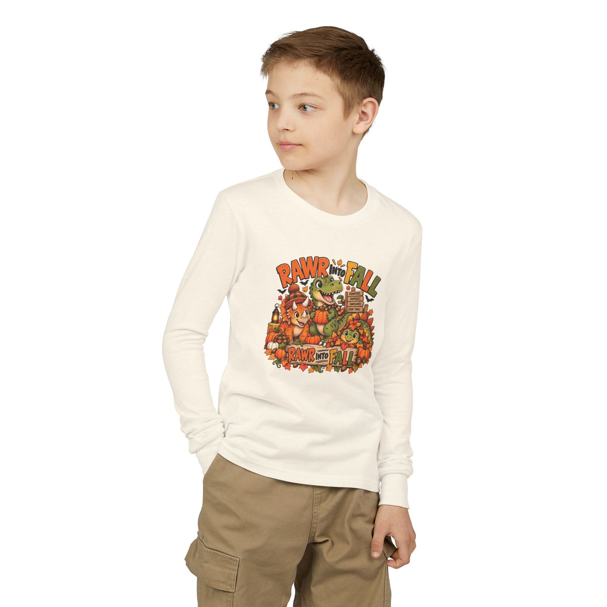 RAWR Into Fall Youth Long Sleeve Tee | Dinosaur Fall Shirt for Kids | Pumpkin Patch Autumn Shirt