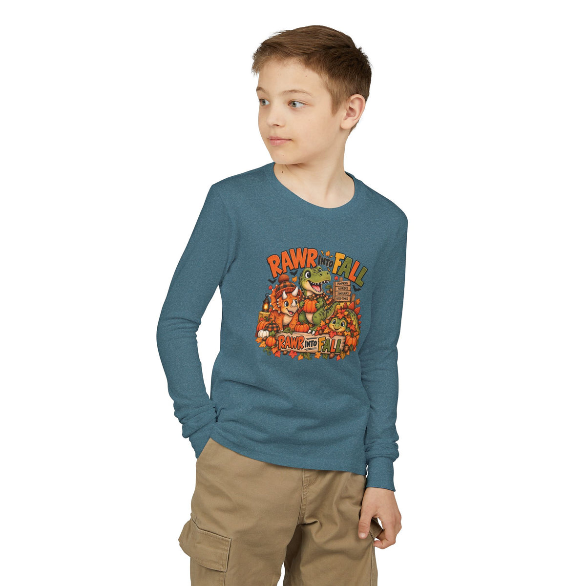 RAWR Into Fall Youth Long Sleeve Tee | Dinosaur Fall Shirt for Kids | Pumpkin Patch Autumn Shirt