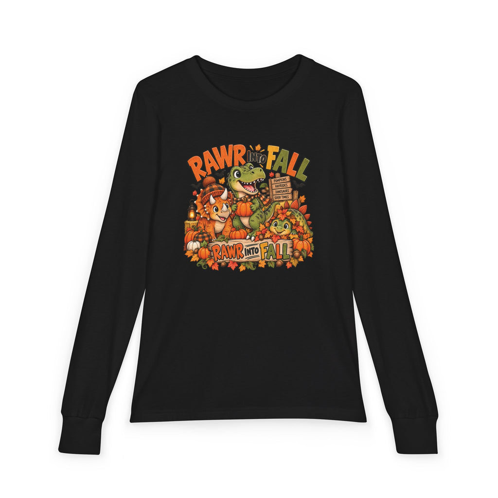 RAWR Into Fall Youth Long Sleeve Tee | Dinosaur Fall Shirt for Kids | Pumpkin Patch Autumn Shirt