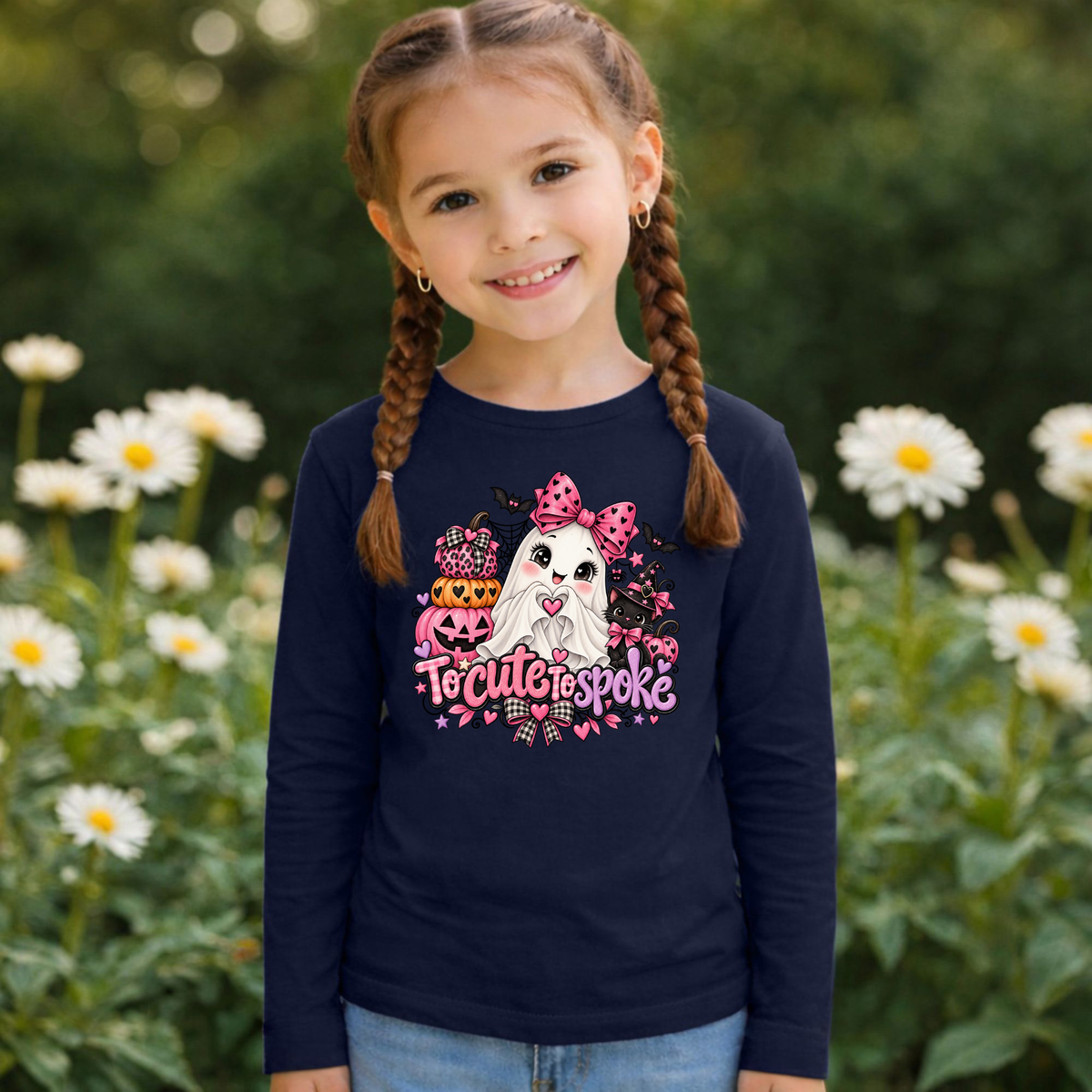 To Cute to Spoke Kids Halloween Long Sleeve Shirt | Pink Ghost Girls Tee