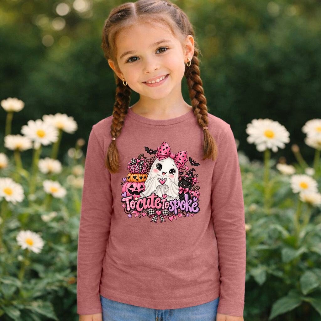 To Cute to Spoke Kids Halloween Long Sleeve Shirt | Pink Ghost Girls Tee