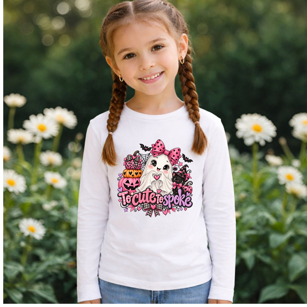 To Cute to Spoke Kids Halloween Long Sleeve Shirt | Pink Ghost Girls Tee