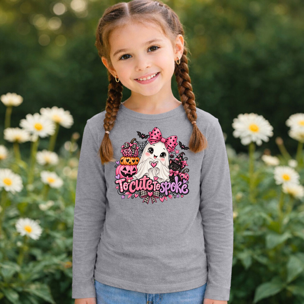 To Cute to Spoke Kids Halloween Long Sleeve Shirt | Pink Ghost Girls Tee