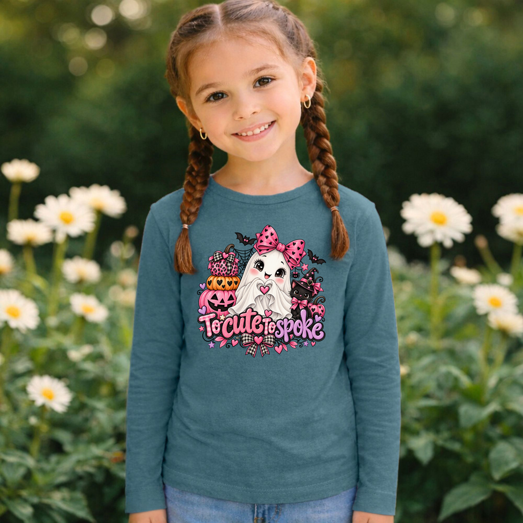 To Cute to Spoke Kids Halloween Long Sleeve Shirt | Pink Ghost Girls Tee
