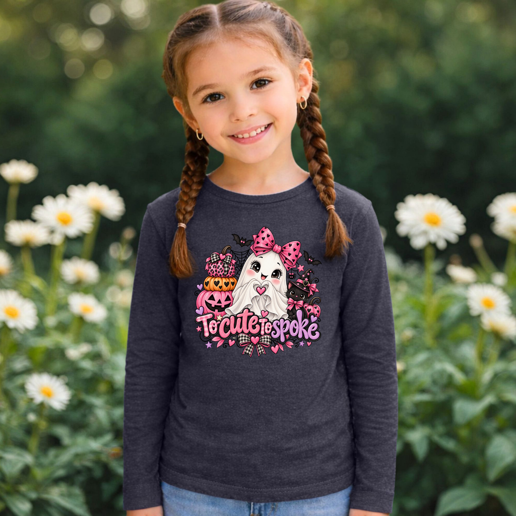 To Cute to Spoke Kids Halloween Long Sleeve Shirt | Pink Ghost Girls Tee