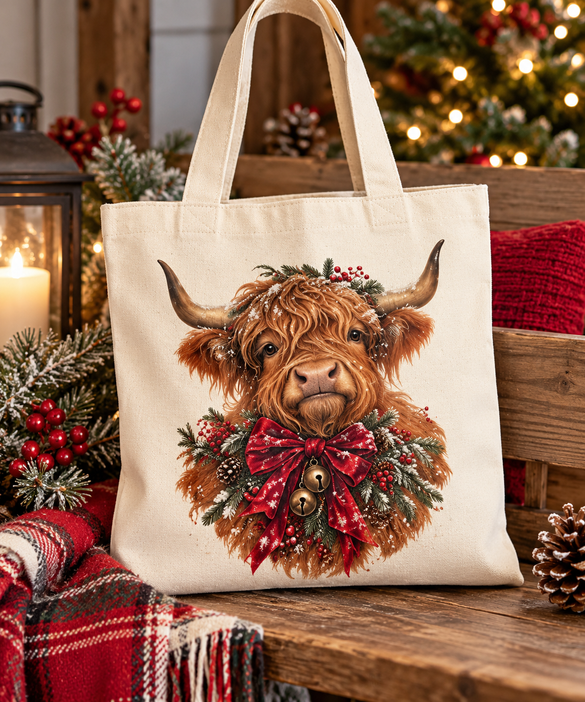 Highland Cow Tote Bag - Festive Floral Wreath Canvas Tote