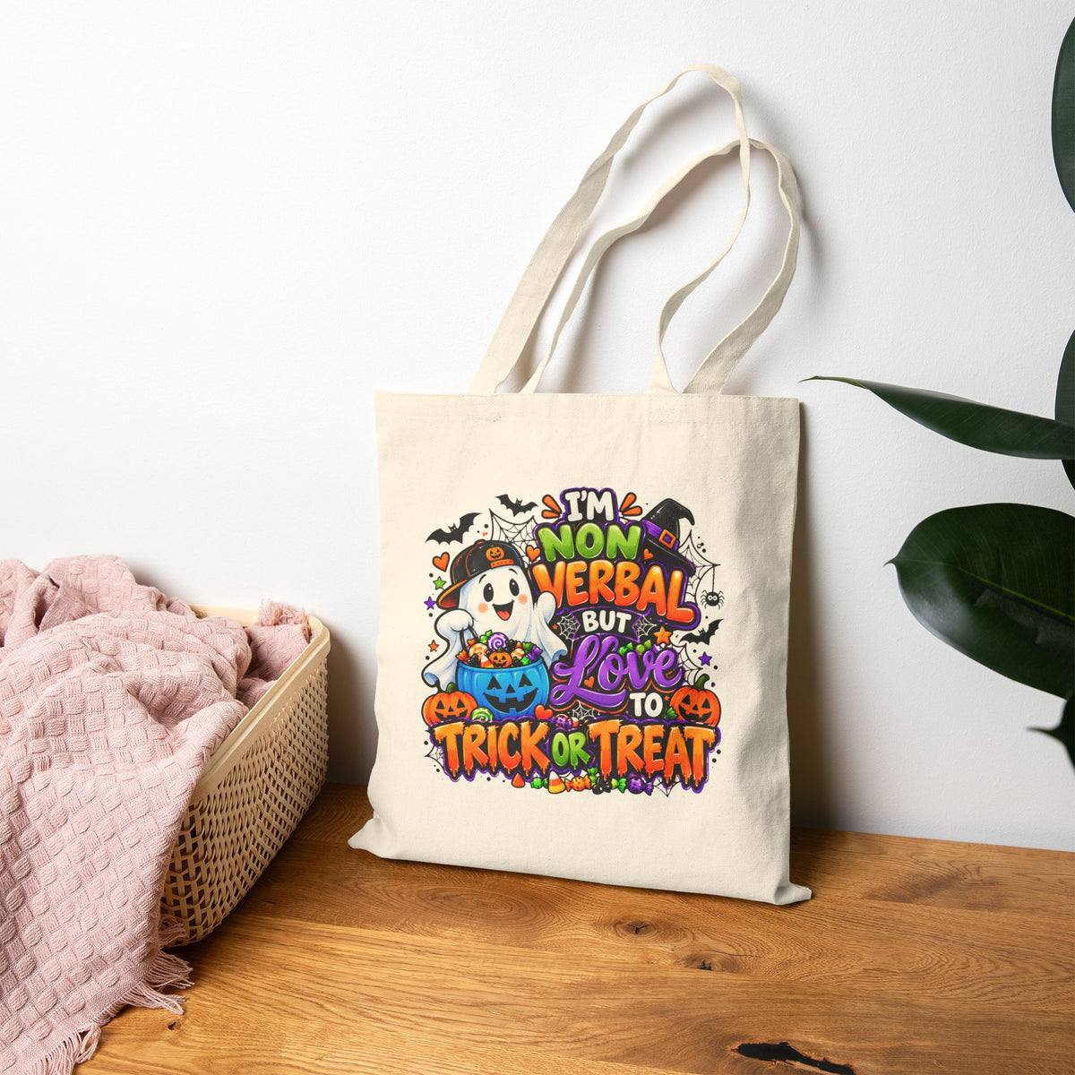 Halloween Trick-or-Treat Tote — "I’m Nonverbal But Love to Trick or Treat" Cotton Canvas Bag