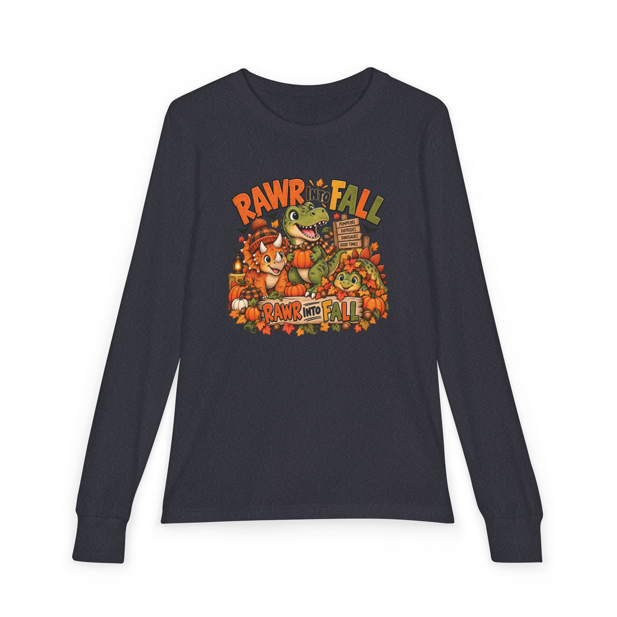 RAWR Into Fall Youth Long Sleeve Tee | Dinosaur Fall Shirt for Kids | Pumpkin Patch Autumn Shirt