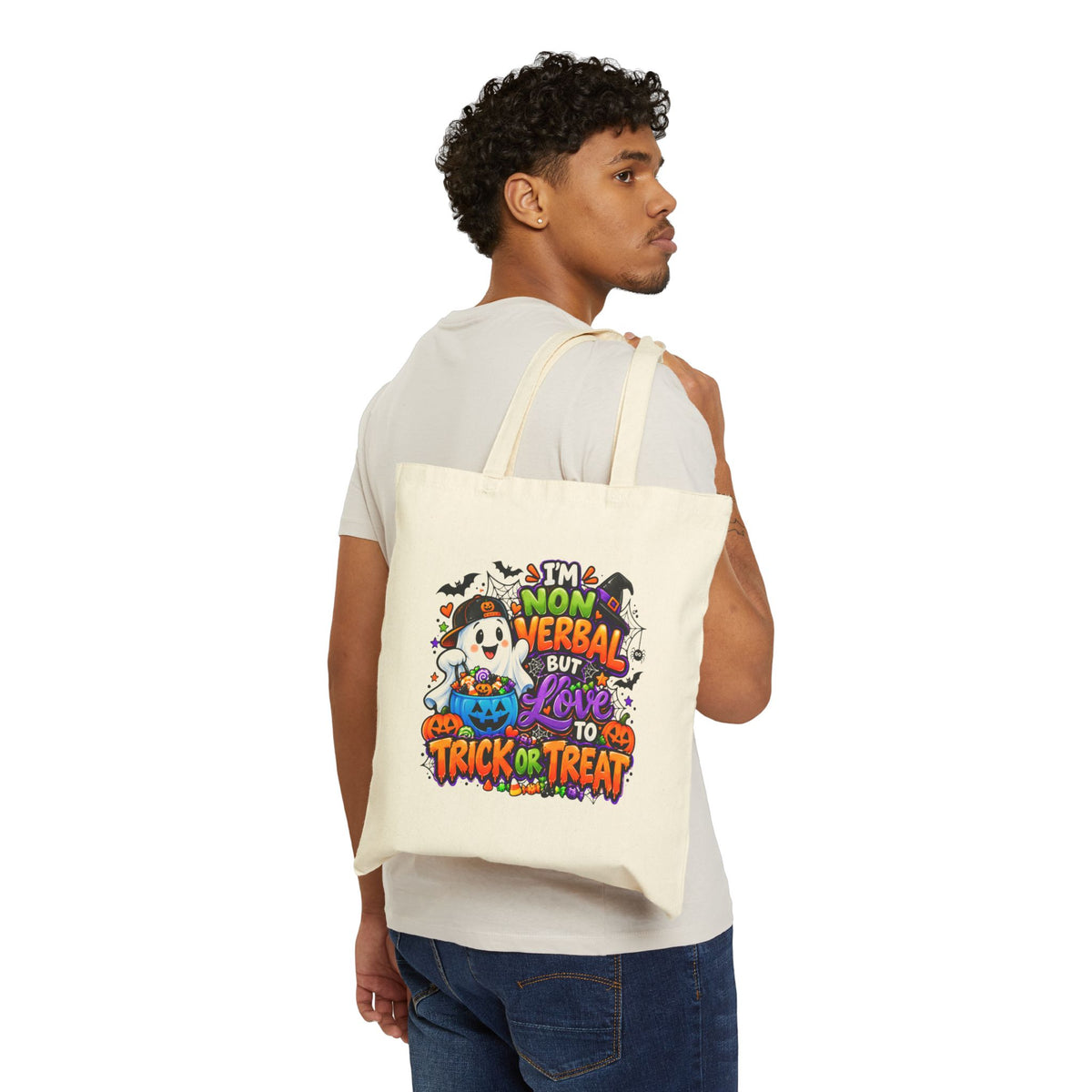 Halloween Trick-or-Treat Tote — "I’m Nonverbal But Love to Trick or Treat" Cotton Canvas Bag