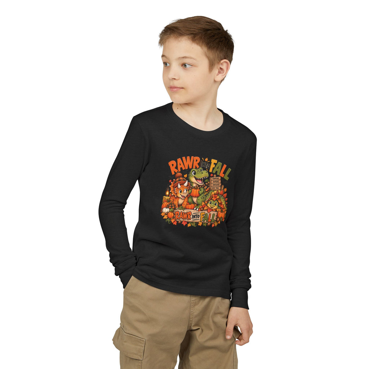 RAWR Into Fall Youth Long Sleeve Tee | Dinosaur Fall Shirt for Kids | Pumpkin Patch Autumn Shirt