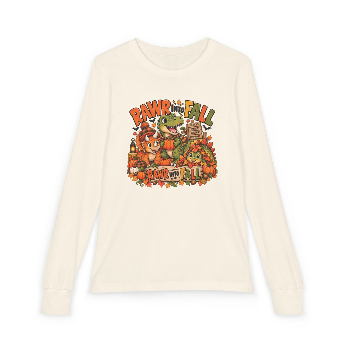 RAWR Into Fall Youth Long Sleeve Tee | Dinosaur Fall Shirt for Kids | Pumpkin Patch Autumn Shirt