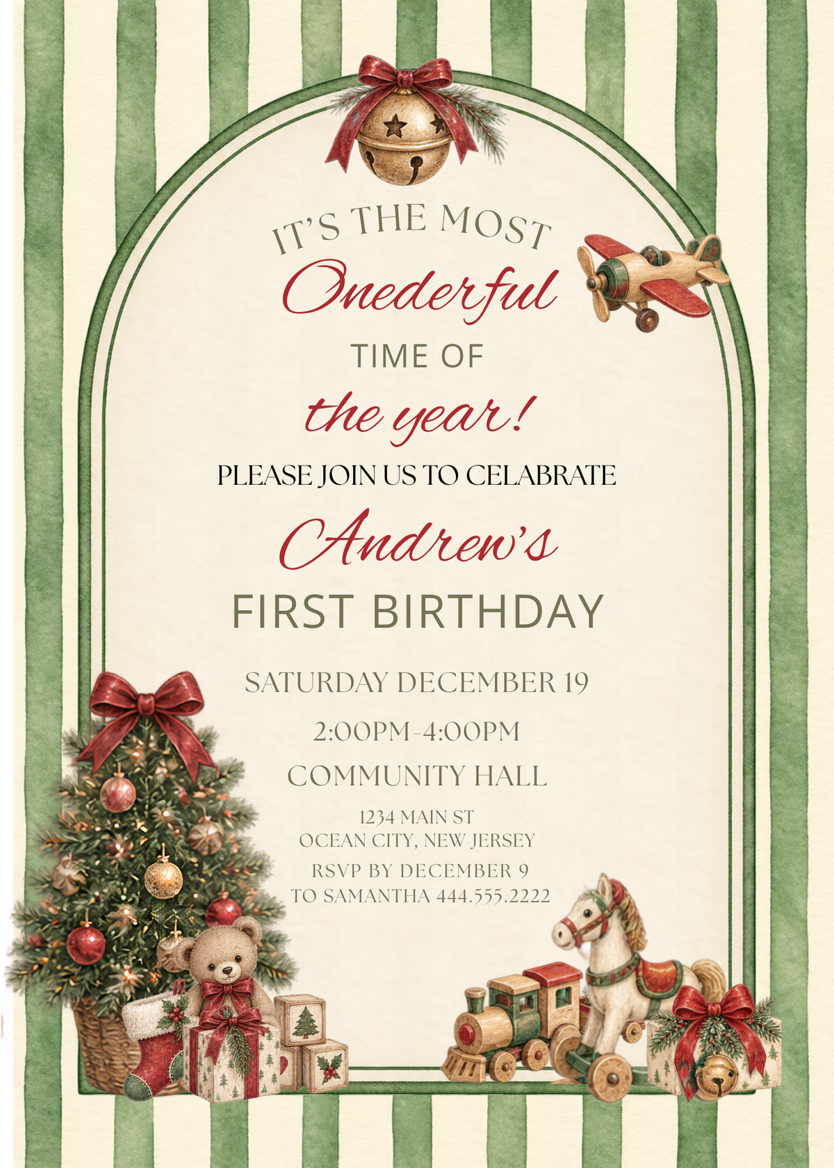 Vintage Christmas First Birthday Invitation | Boy’s 1st Birthday Editable Invite | Teddy Bear & Toy Christmas Invitation