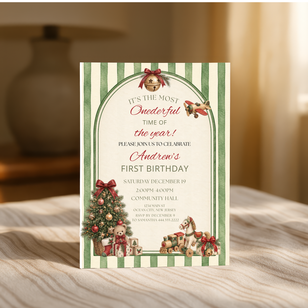 Vintage Christmas First Birthday Invitation | Boy’s 1st Birthday Editable Invite | Teddy Bear & Toy Christmas Invitation