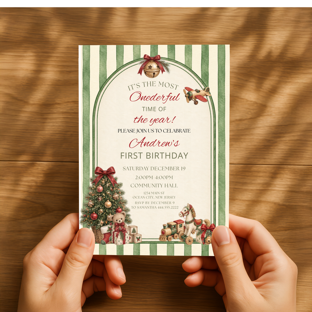 Vintage Christmas First Birthday Invitation | Boy’s 1st Birthday Editable Invite | Teddy Bear & Toy Christmas Invitation