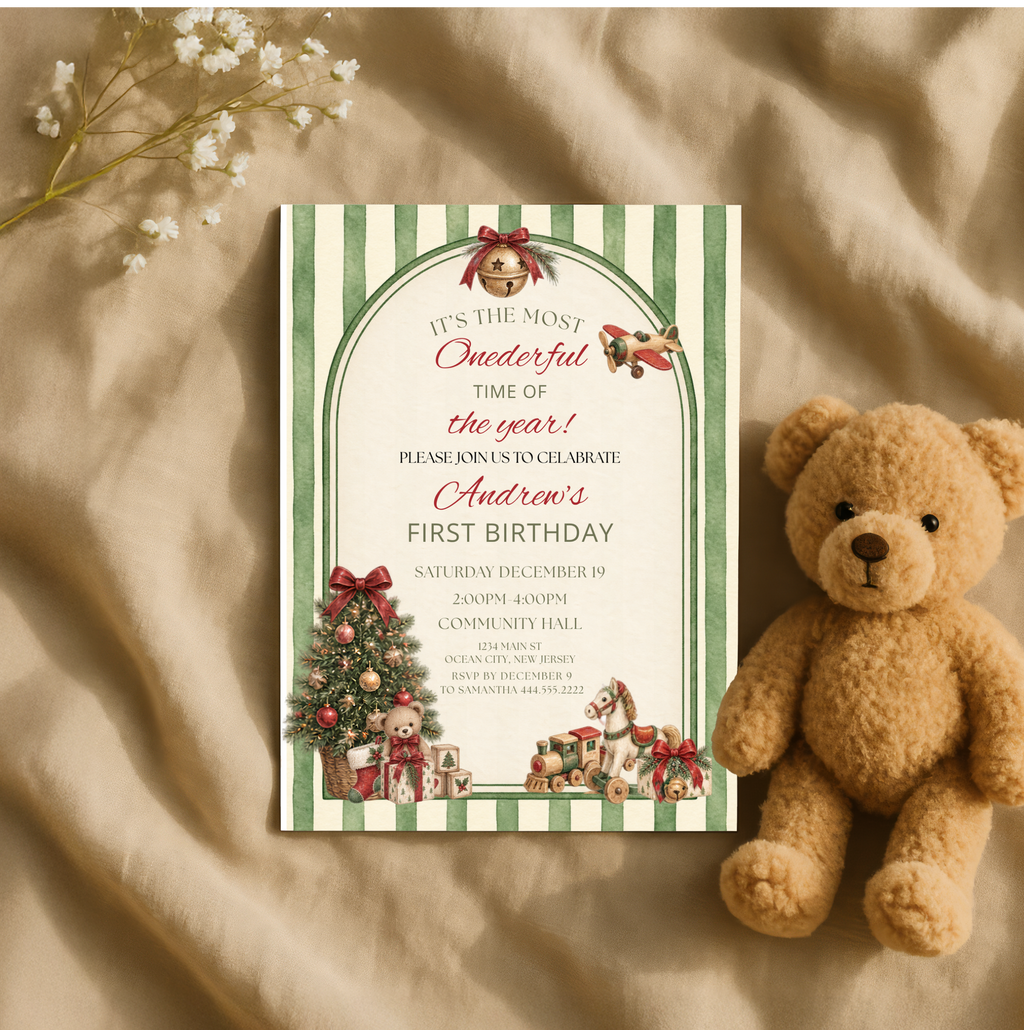 Vintage Christmas First Birthday Invitation | Boy’s 1st Birthday Editable Invite | Teddy Bear & Toy Christmas Invitation