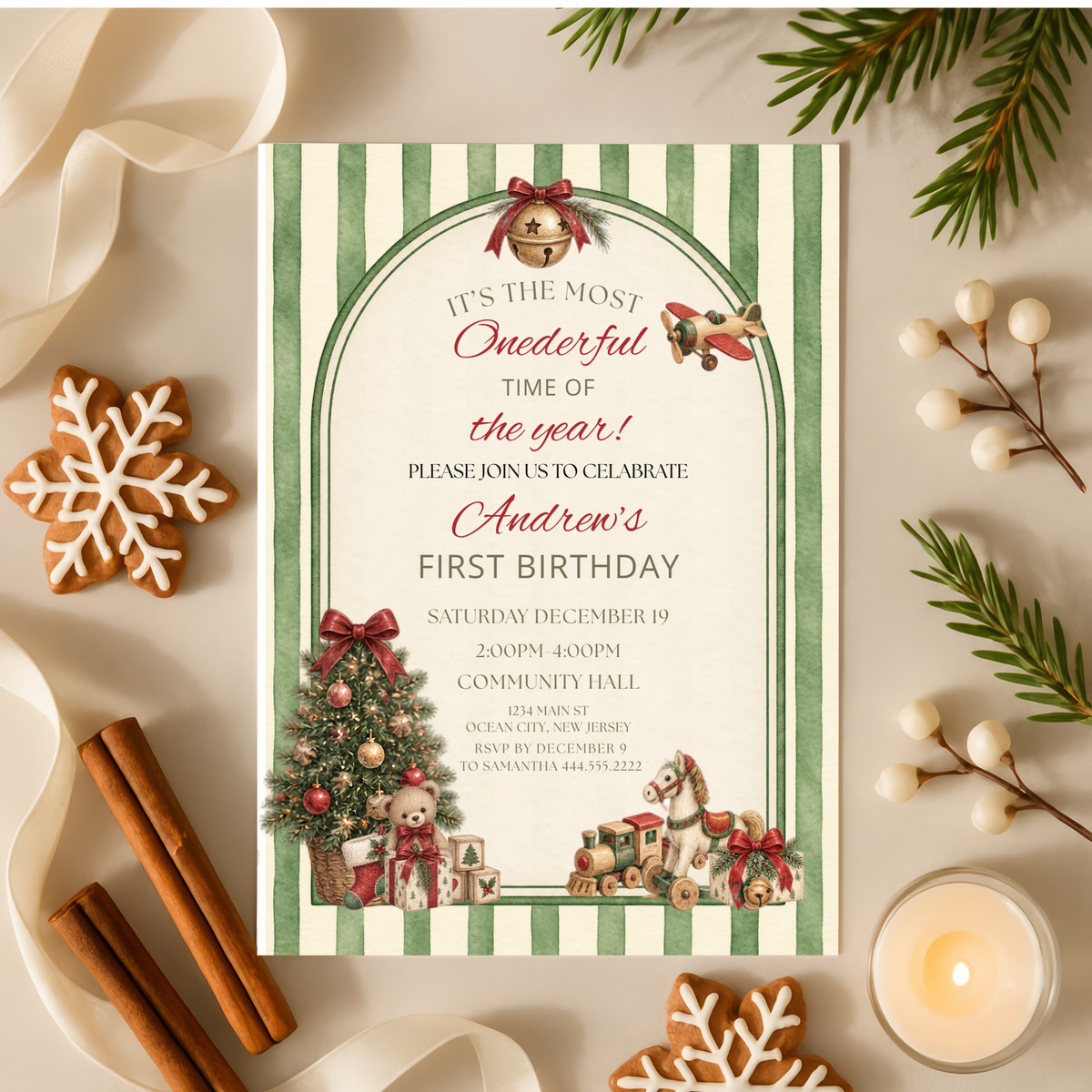 Vintage Christmas First Birthday Invitation | Boy’s 1st Birthday Editable Invite | Teddy Bear & Toy Christmas Invitation