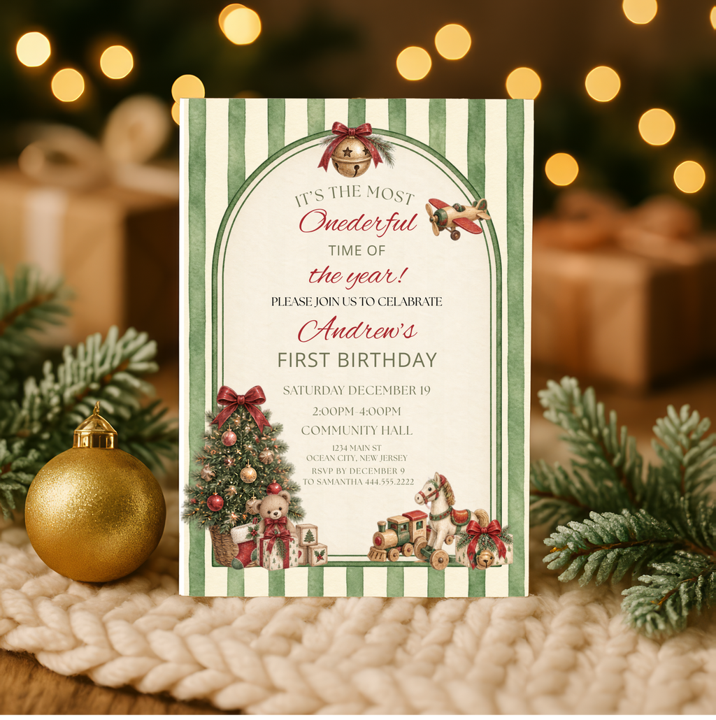 Vintage Christmas First Birthday Invitation | Boy’s 1st Birthday Editable Invite | Teddy Bear & Toy Christmas Invitation
