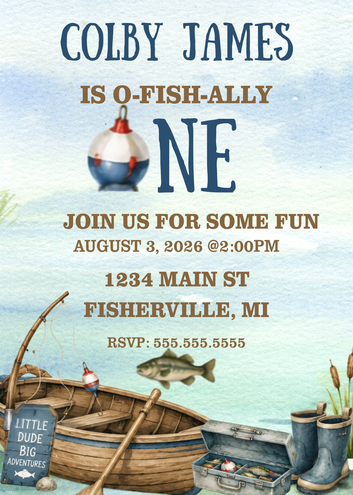 Editable Fishing First Birthday Digital Invitation | O-Fish-Ally One